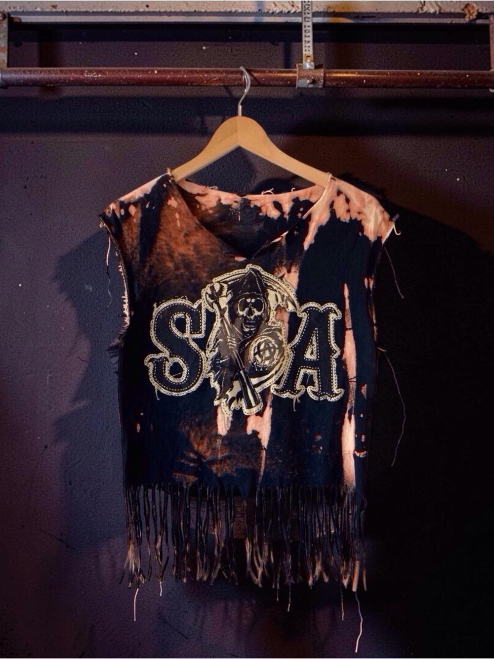 Upcycled Sons of Anarchy Bleach-Dyed Fringe Tank Small - Picture 4 of 10